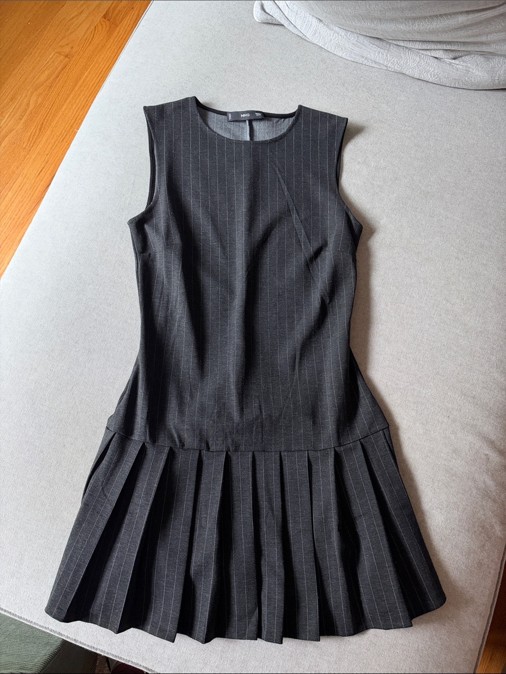 Mango Pleated Hem Mini Dress Pinstripe